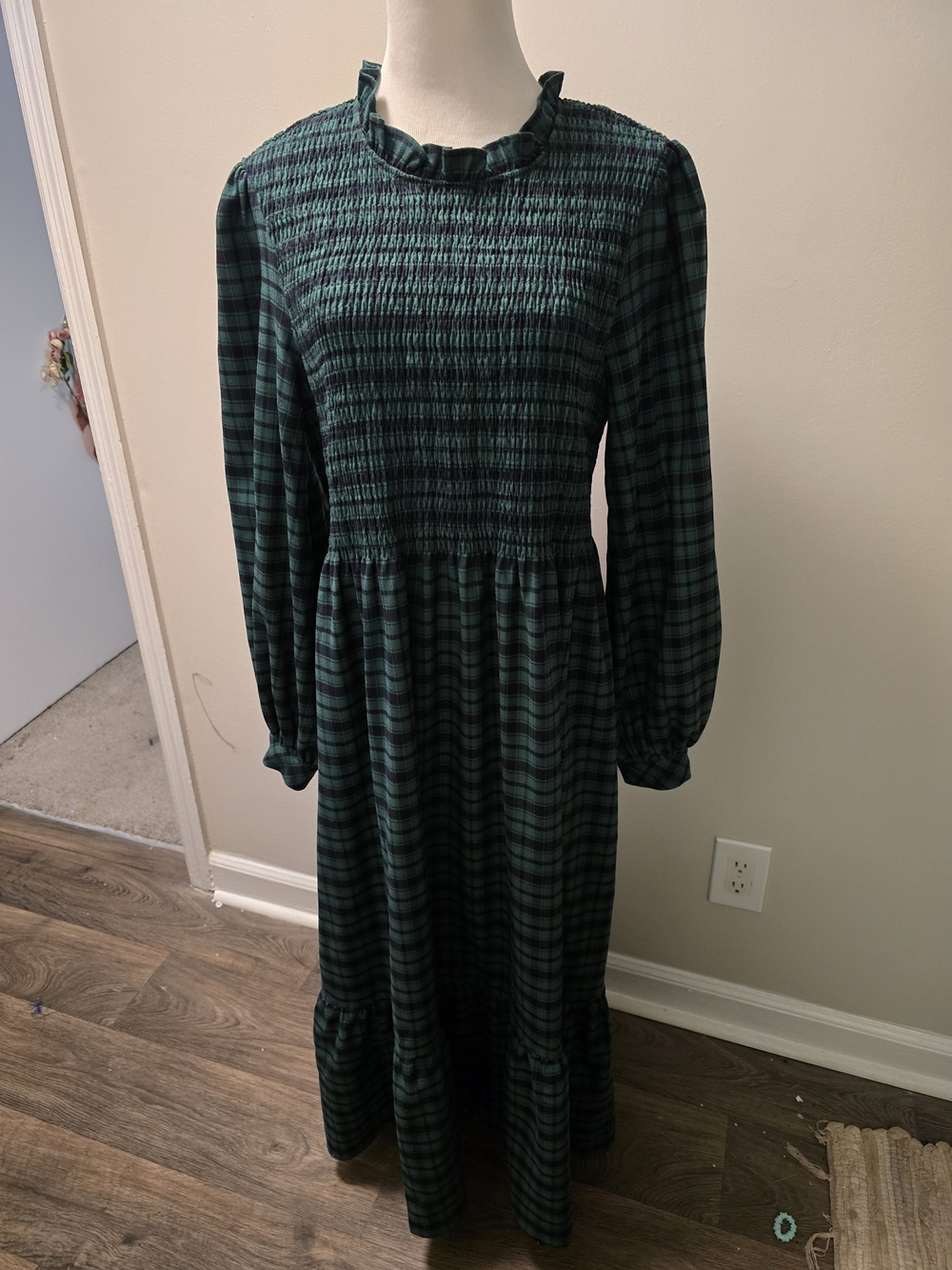Smocked Plaid Maxi Dress in Dark Green